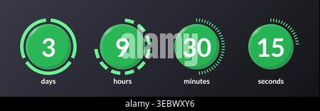 Green solid virtual countdown timer set on dark background Stock Vector