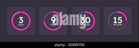 Magenta pink countdown timer set on dark background Stock Vector