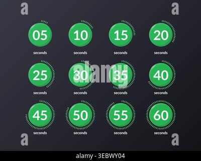 Green virtual countdown timer set on dark background Stock Vector