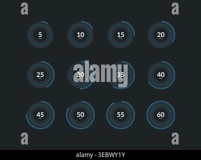 Blue neon dotted line countdown timer set on dark background Stock Vector