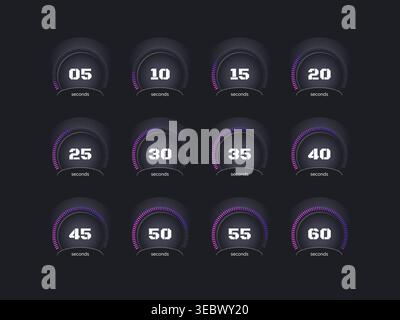 Purple gradient radial dots countdown timer set on dark background Stock Vector