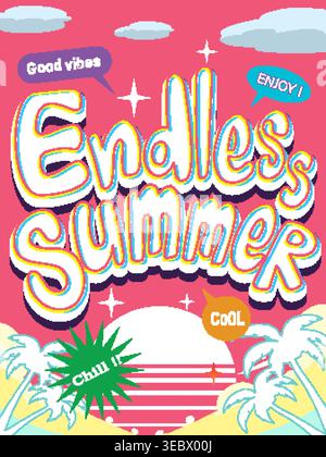 Vibrant vector illustration with retro typography, palm trees, and a stylized sunset on pink background Stock Vector