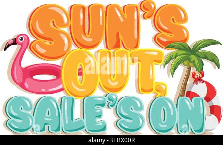 Colorful bubble typography with flamingo floatie and palm tree on a white background Stock Vector