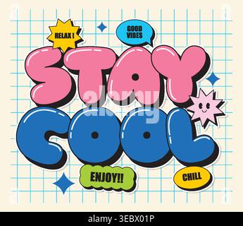 Vibrant retro bubble lettering on grid background with colorful stickers and positive motivational phrases Stock Vector