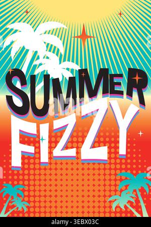 Vibrant retro vector illustration with bold typography, halftone patterns, palm trees, and sunburst rays Stock Vector