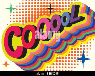 Vibrant 3D typography illustration with rainbow layered shadows and halftone dot background in retro style Stock Vector
