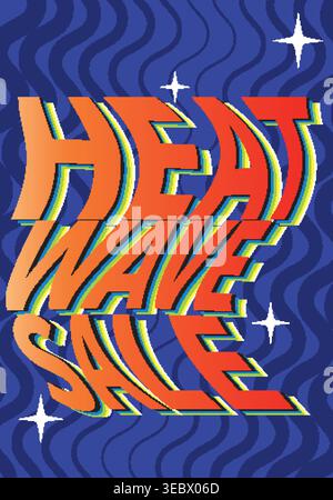 Retro psychedelic typography with vibrant orange text and wavy blue background for summer promotions Stock Vector
