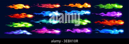 Plasma clots and comic gun fire effect vector trails in red, blue, green and purple flames. Fire streaks with dynamic movement and neon highlights. Plasma explosions and fire trails, flames and bursts Stock Vector