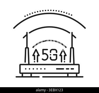 5G wireless modem network line icon or symbol. 5G network linear pictogram, wireless technology thin line vector icon. Data signal transmission sign or outline symbol with router electronic device Stock Vector