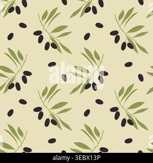 elegant mediterranean black olive branch seamless pattern for organic oil labels kitchen textiles and italian restaurant menu design. Vector illustrat Stock Vector