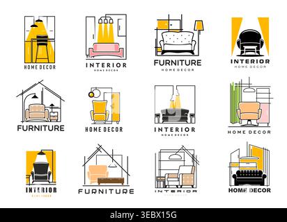 Home interior icons with vector line furniture, house decor and lamps. Room interior design and architecture isolated outline symbols set with modern minimal sofa, chair and couch, armchair and lights Stock Vector