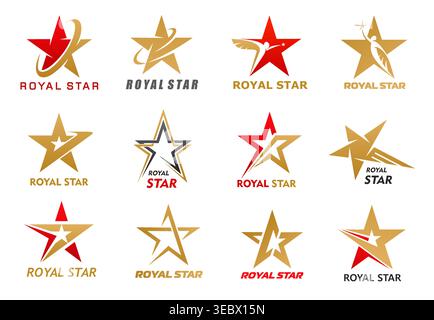 Gold star icons, golden awards or elite club symbols, vector sport and business. Shooting gold stars with red light rays, angels and wings icons. Winner awards, champion medals or talent honor prizes Stock Vector