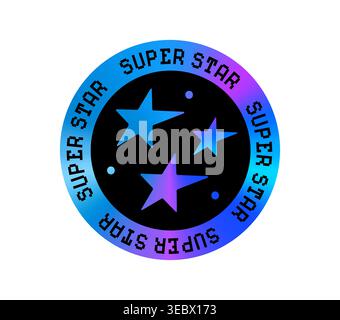 Super star hologram retro Y2K sticker or label. Reflective iridescent retro tag, metallic color hologram Y2K vector sticker. Gradient chrome holographic round label with stars and pixel typography Stock Vector