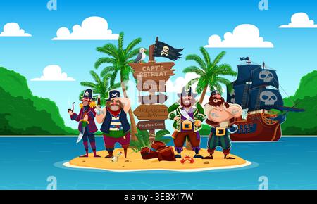 Cartoon pirate characters on Caribbean island. Vector corsair ship crew personages standing on tropical island with palm trees near wooden directional sign, treasure barrels, ship and skull flag Stock Vector