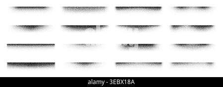 Noise dot grain edge shadow. Vector set of halftone gradient grainy overlays in horizontal rectangular shapes. Black stippled textures for realistic shading and soft monochrome retro vignette effects Stock Vector