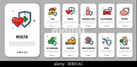 Insurance mobile app onboarding screen, health safety and ambulance line icons. Vector dashboard interface ui symbols for health, car, home, travel or protection services. User friendly digital layout Stock Vector