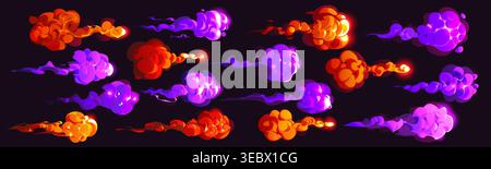 Cartoon magic red and purple smoke effects. Glowing red flames and mystical purple fumes, clouds and neon magic vapor. Vector fantasy explosion splashes for games Stock Vector