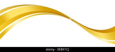 Golden stripe swoosh wave, wavy ribbon flow. Shimmering gold flowing metallic stripe with smooth curves, suggesting motion and luxury. Vector glossy abstract yellow fluid swirl, line or trail Stock Vector