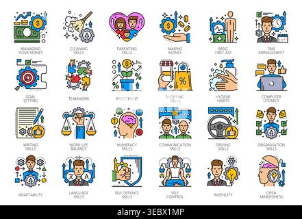 Life skills line icons of personal success or achievement of self training, vector pictograms. Life skills color icons of human habits in work and balance organization, money making or time management Stock Vector