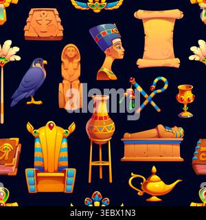 Egyptian seamless pattern with ancient artifacts of pharaoh bust, sarcophagus, papyrus scroll, falcon, throne and vase, statues and amulet, golden lamp, scarab and hieroglyphic relics, vector tile Stock Vector