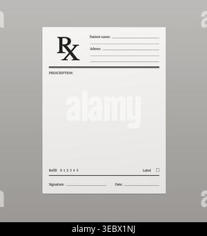 Medical pharmacy and hospital prescription rx form. Vector clinic blank template with patient name and empty fields. Clean paper file for hospital records documentation and healthcare administration Stock Vector