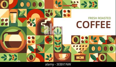 Fresh roasted coffee beans and hot drink geometric pattern with steaming cup, coffee pot, beans, grinder and coffee plant leaves in warm earthy tones. Vector retro modern tile background for cafe Stock Vector
