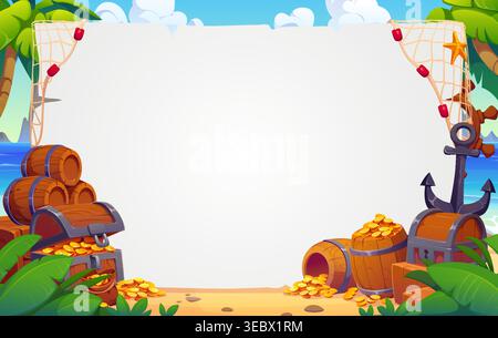 Pirate banner with empty paper scroll and treasure chests and barrels. Cartoon vector photo frame template with gold coins, anchor, rope and fishing net. Tropical island beach sea adventure background Stock Vector
