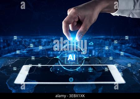 An AI-powered system for automating data workflows. The central intelligence processes and distributes information, managing complex data pipelines as Stock Photo