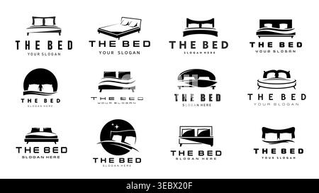 Bed icons, bedroom furniture with pillows, blankets and comfort mattresses vector silhouettes. Sleep, rest and relax, hotel and furniture store isolated symbols of modern double beds with headstands Stock Vector