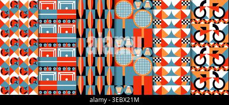 Modern geometric sports seamless patterns set with tennis racket, shuttlecock, bicycle, helmet, court track and checkered race flag. Abstract vector backgrounds retro repeating tile texture or grid Stock Vector