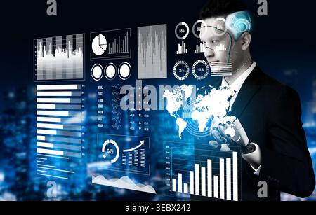 Businessman Analyzing Data with Digital Interface, Charts, Graphs, and Global Maps for Future Insights and Decision Making Impute. Stock Photo