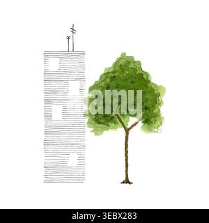 minimalist watercolor green tree and linear skyscraper sketch for urban ecology sustainability concepts and eco-friendly city planning design. Vector Stock Vector