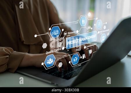 A laptop displays a project management interface with visual elements for resource allocation, risk assessment, and communication, illustrating modern Stock Photo