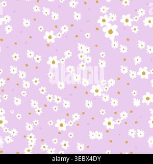 Cute daisies pattern lilac background seamless fabric design pattern Stock Vector