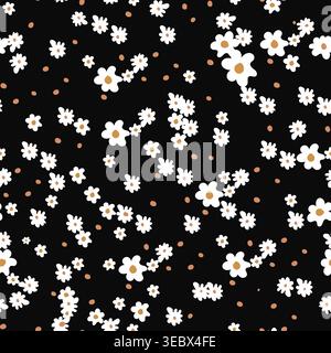 Cute daisies pattern with black background seamless fabric design pattern Stock Vector