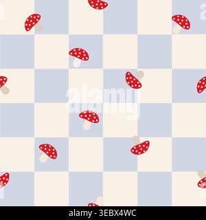 Blue plaid vibrant mushrooms seamless fabric design pattern Stock Vector