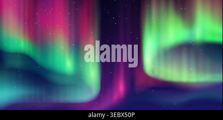 Realistic aurora borealis northern polar lights background. Vivid vector cosmic aurora borealis glow at Arctic night sky with flowing green, purple and pink northern lights with scattered stars above Stock Vector