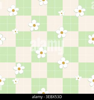 Green plaid with daisies seamless fabric design pattern Stock Photo