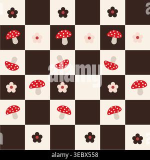 Brown plaid mushrooms and daisies seamless fabric design pattern Stock Vector