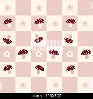 Light brown plaid mushrooms and daisies seamless fabric design pattern Stock Vector