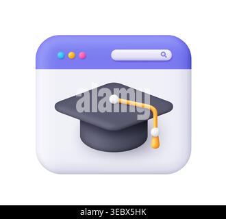 Web page in purple and white with black graduation cap. Online education, virtual graduation, e-learning, academic success, workshops and courses. 3d Stock Vector