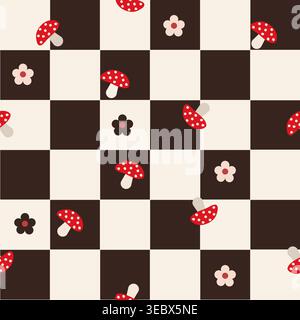 Brown plaid vibrant mushrooms and daisies seamless fabric design pattern Stock Vector