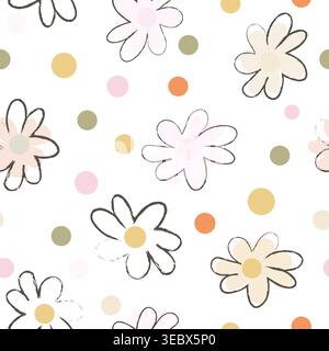 Cute doodle flowers and dots seamless fabric design pattern Stock Vector