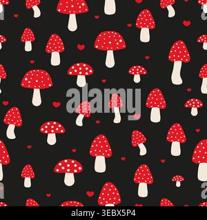 Cute mushrooms with hearts and black background seamless fabric design pattern Stock Vector