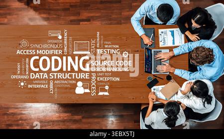 A vibrant collaborative session showcasing a diverse group of individuals engaged in coding, data structure exploration, and source code testing in a Stock Photo