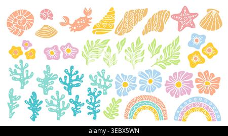 Hand drawn vector marine set in boho style with shells, corals, crab, rainbow, starfish and flowers and stars. Set on white background with soft pink, Stock Vector