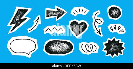 Crayon doodle scrapbook elements. Hand drawn cutout collage stickers. Collage oval, arrow and heart. Paper scrapbook vintage shape with crayon texture Stock Vector