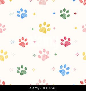 Colorful paw prints with shining stars seamless fabric design Stock Vector