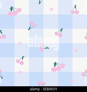Blue plaid pink cherries seamless fabric design pattern Stock Vector