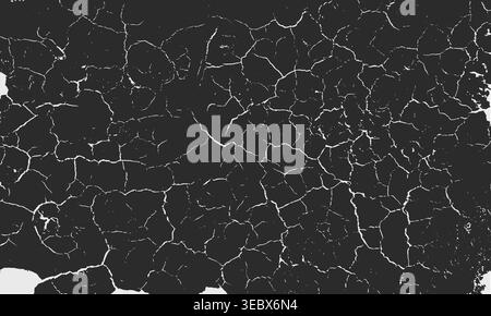 Close-up cracked surface texture with irregular white fracture lines forming polygonal shapes on dark background, abstract distressed design for artis Stock Vector